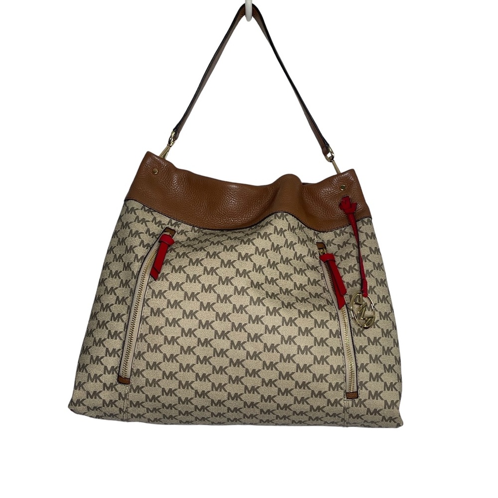 Authentic Michael Kors LEX Large Signature Hobo Natural Brown w/Red NWT